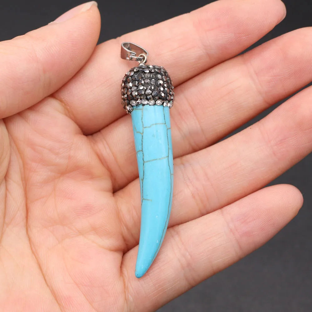 Natural Stone Pendant wolf's tooth shape inlaid with Crystal for Women Jewelry Making Necklace Accessories Reiki Healing Gift