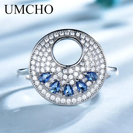 UMCHO Solid 925 Sterling Silver Jewelry Water Drop Created Nano Sapphire Rings For Women Romantic Charming Gift Fine Jewelry