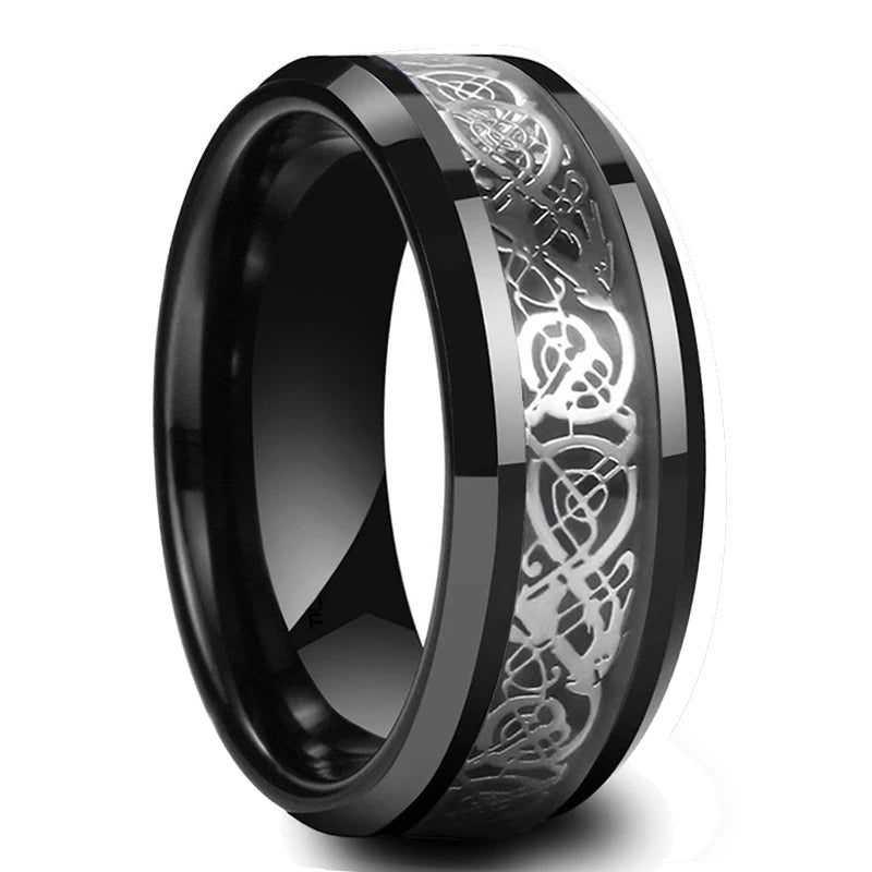Fashion Black Tungsten Wedding Celtic Dragon Rings For Men Inlaid Green Zircon Punk Men Stainless Steel Green Carbon Fibre Ring