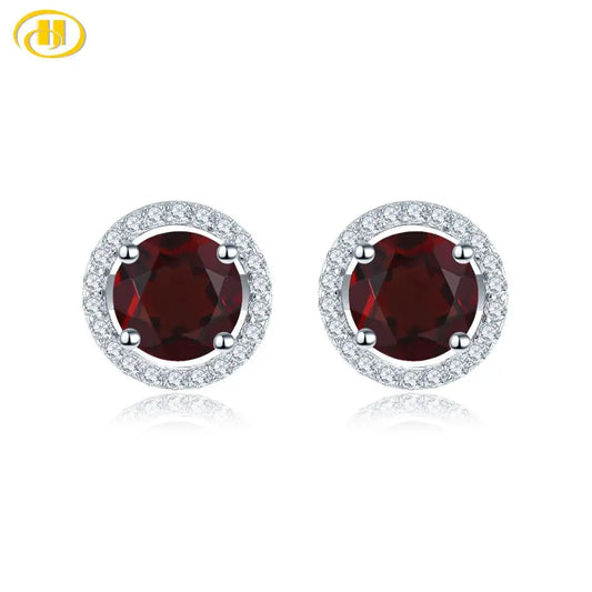Hutang Round Garnet 925 Silver Stud Earrings Natural Red Gemstone Solid 925 Sterling Silver Fine Cubic Zircon Jewelry for Women