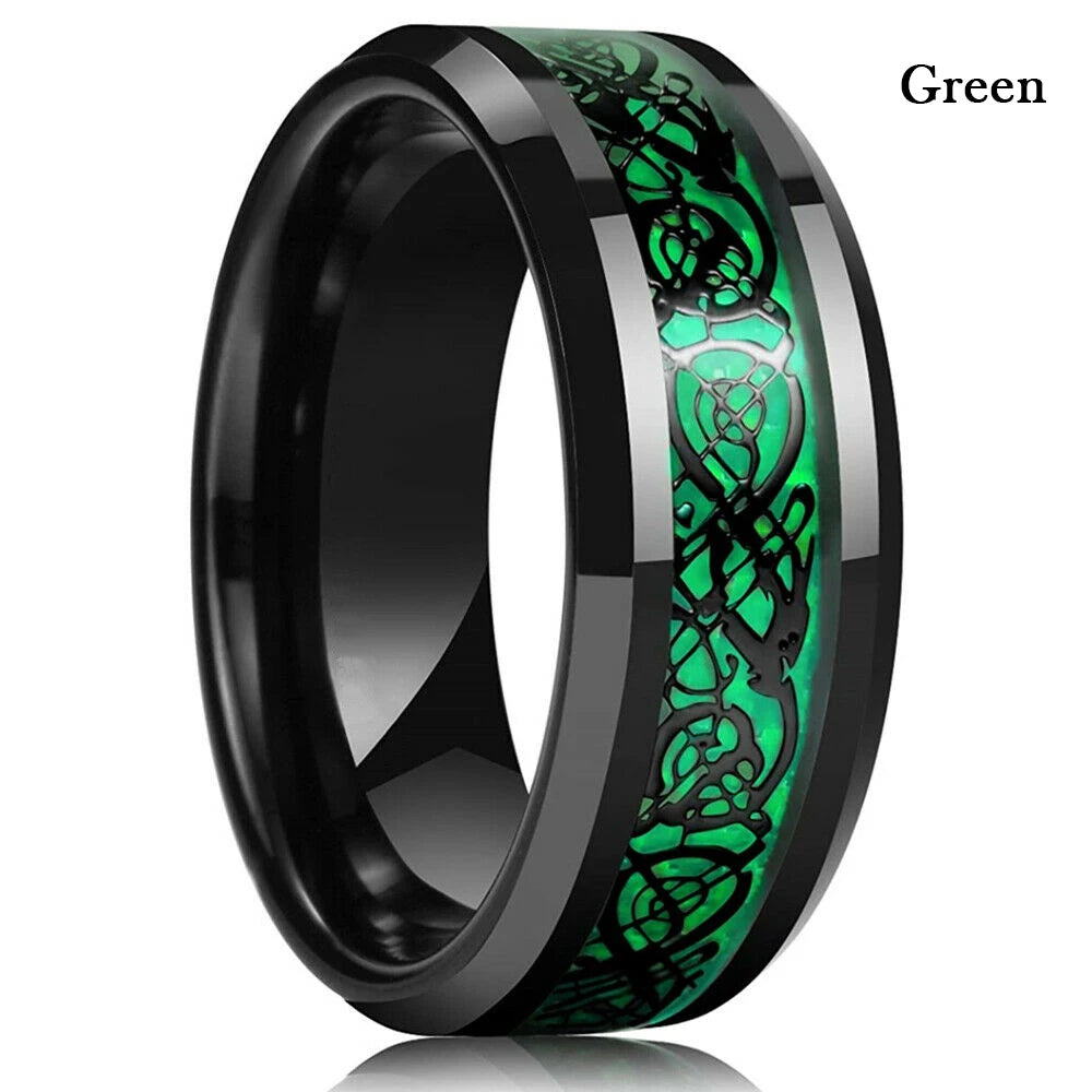 21 Colors 8mm Men's Stainless Steel Celtic Dragon Ring Inlay Red Green Black Carbon Fiber Ring Wedding Band Jewelry Size 6-13