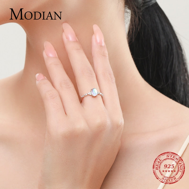 MODIAN 925 Sterling Silver Minimalist Oval Moonstone Ring Thin Women Engagement Female Ring Wedding Band Silver 925 Jewelry Gift