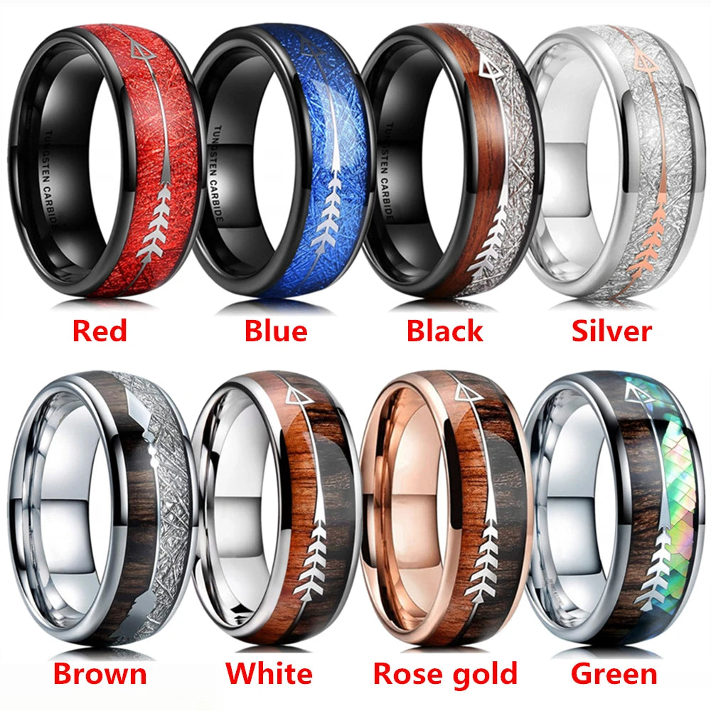 8 Colors Luxury Mens 8mm Titanium Stainless Steel Wedding Ring Koa Wood Meteorite Inlay Arrow Ring Punk Men Wedding Band Jewelry