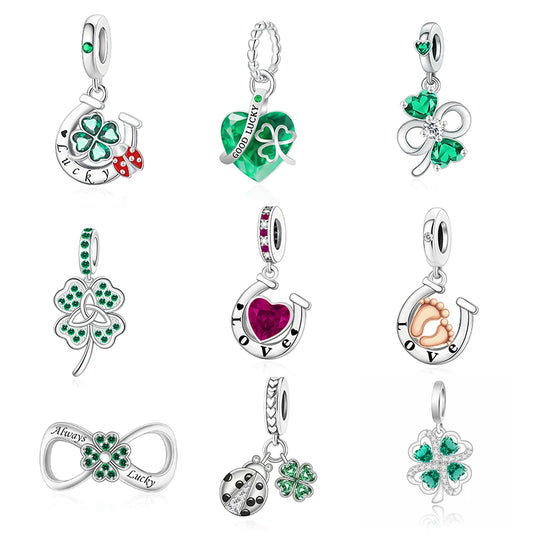 Pan Charms 925 Sterling Silver Green Four-Leaf Clover Bead Charms Fit Original Bracelet Necklace Jewelry Making