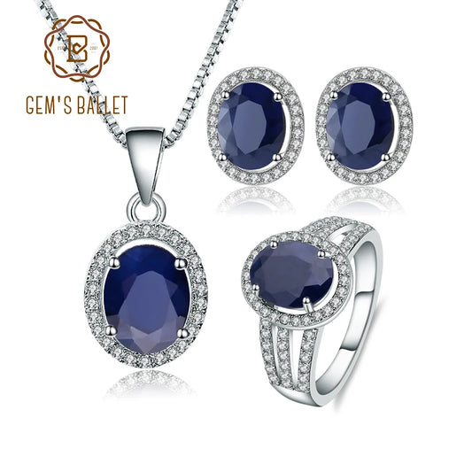 GEM'S BALLET 8.08Ct Oval Natural Blue Sapphire Gemstone Jewelry Set 925 Sterling Silver Pendant Earrings Ring Sets For Women CHINA