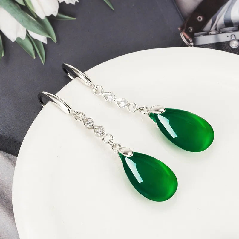 Vintage Green Jade Emerald Crystal Zircon Diamonds Gemstones Dangle Long Drop Earrings For Women White Gold Silver Color Jewelry