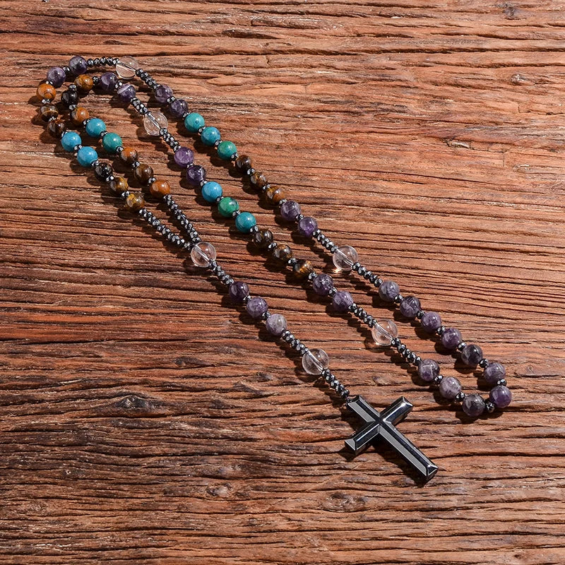 Natural Tiger Eye Amethyst Catholic Christian Rosary Men and Women Necklace Hematite Cross Pendant Meditation Yoga Mala Jewelry