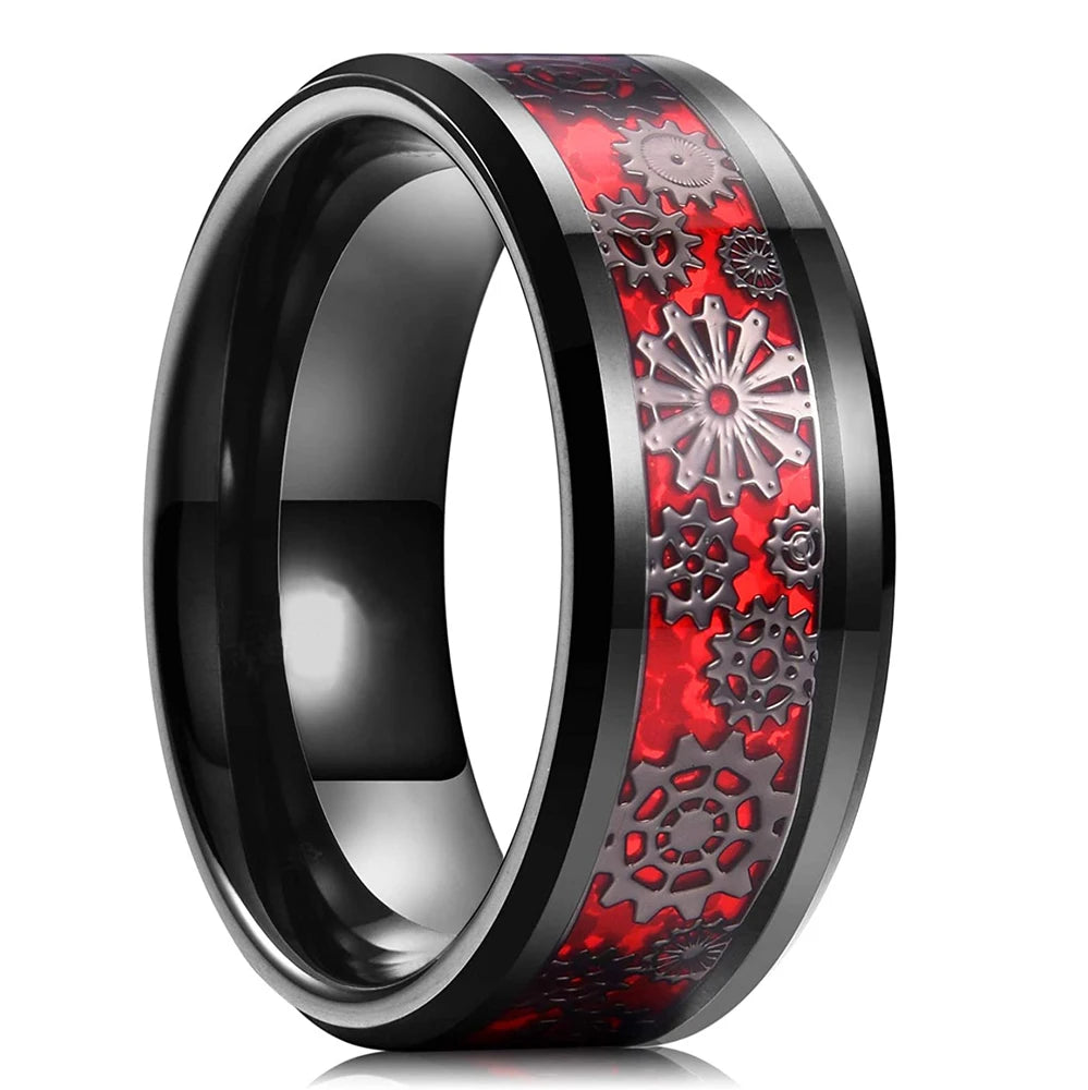 Classic Men's 8mm Black Tungsten Wedding Rings Double Groove Beveled Edge Brick Pattern Brushed Stainless Steel Rings For Men
