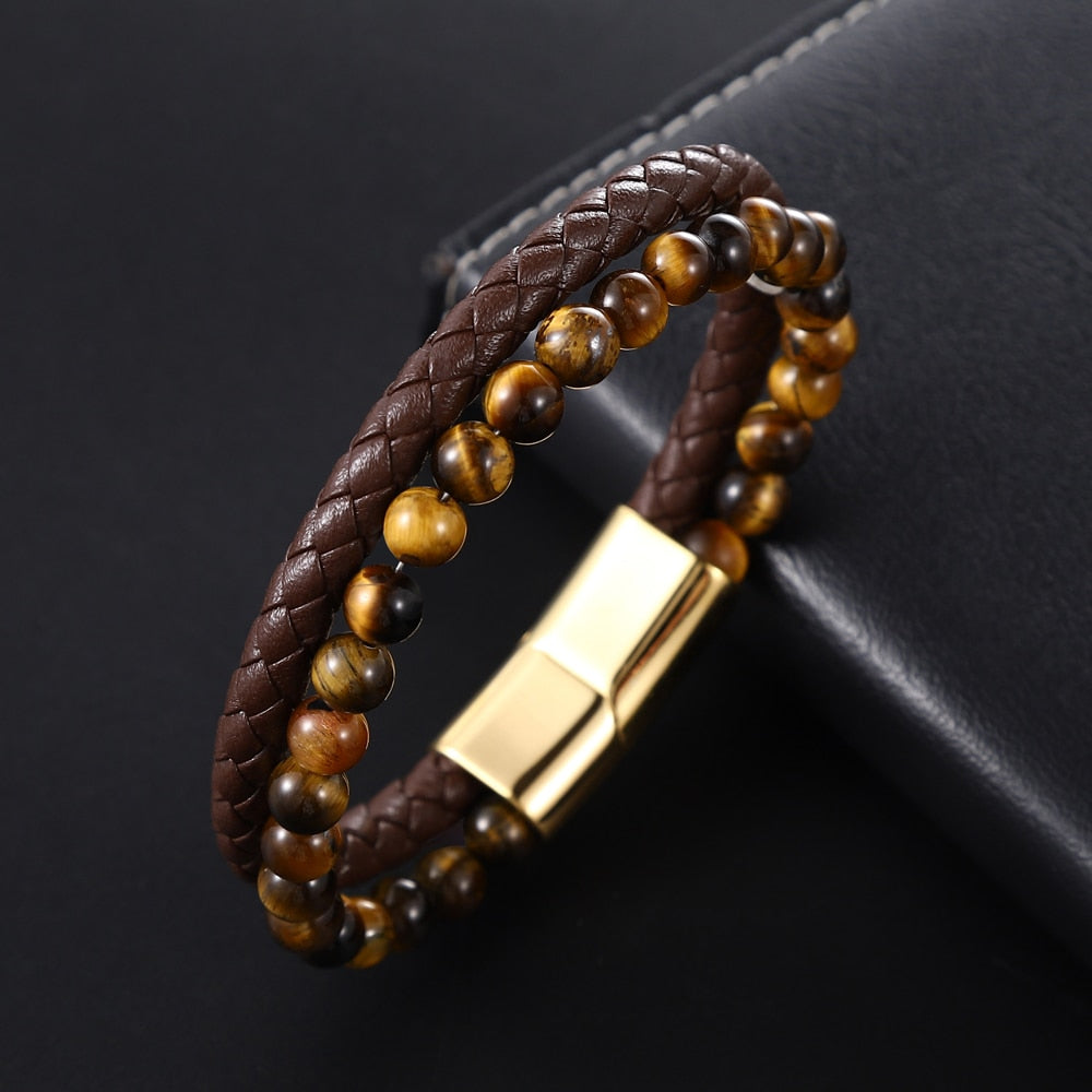 Men Yellow Tiger Eye Bracelet Many Styles Stainless Steel Magnetic Clasp Brown Genuine Leather Wrist Jewelry Handsome Boy Gifts