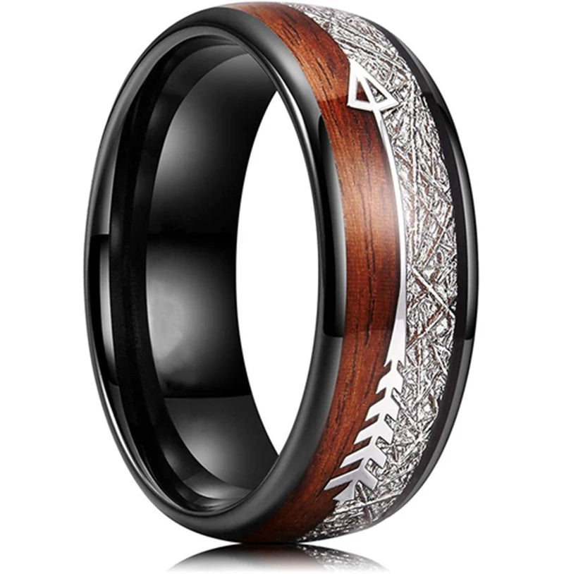 Fashion 8mm Rose Gold Color Stainless Steel Guitar String Rings for Men Koa Wood Inlay Ring Whiskey Barrel Mens Wedding Band