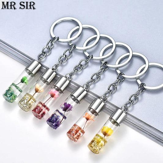 Fashion Natural Eternal Flower Keychain Dried Flower Plants Key Chains Wishing Bottle Keyrings Key Holder Women Bags Accessories