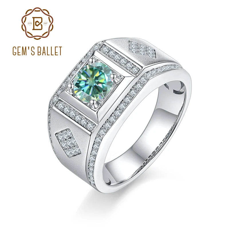 GEM'S BALLET Green Moissanite Ring For Men Wedding 1.0ct Round Center & Channel Round Moissanite Men's 925 Sterling Silver Ring