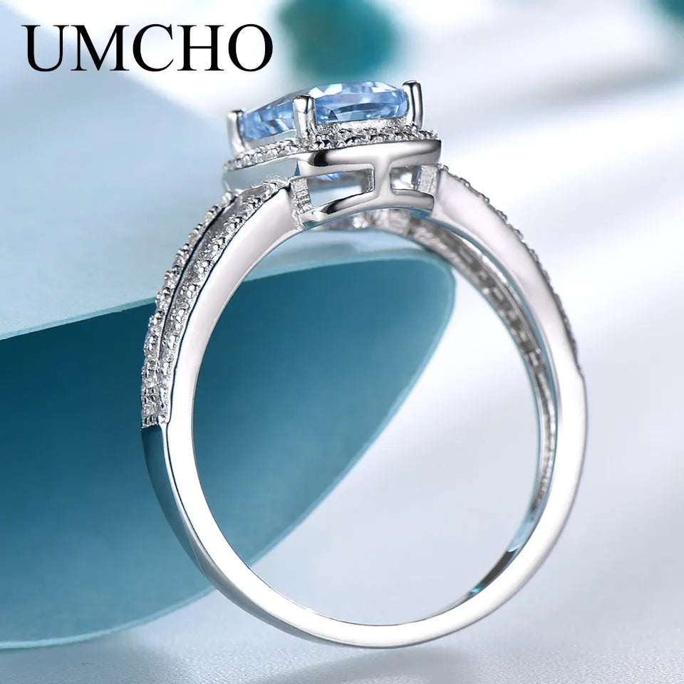 UMCHO Genuine Sterling Silver Rings For Women Engagement Nano Sky Blue Topaz Ring Silver 925 Gemstones Jewelry