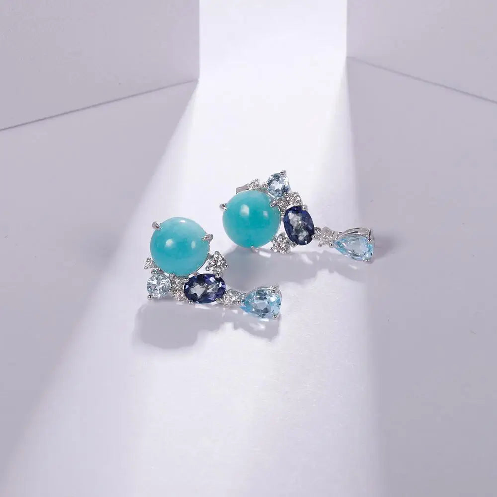 GEM'S BALLET 925 Sterling Silver Handmade Statement Earrings Natural Amazonyte Blue Topaz Gemstone Drop Earrings For Women