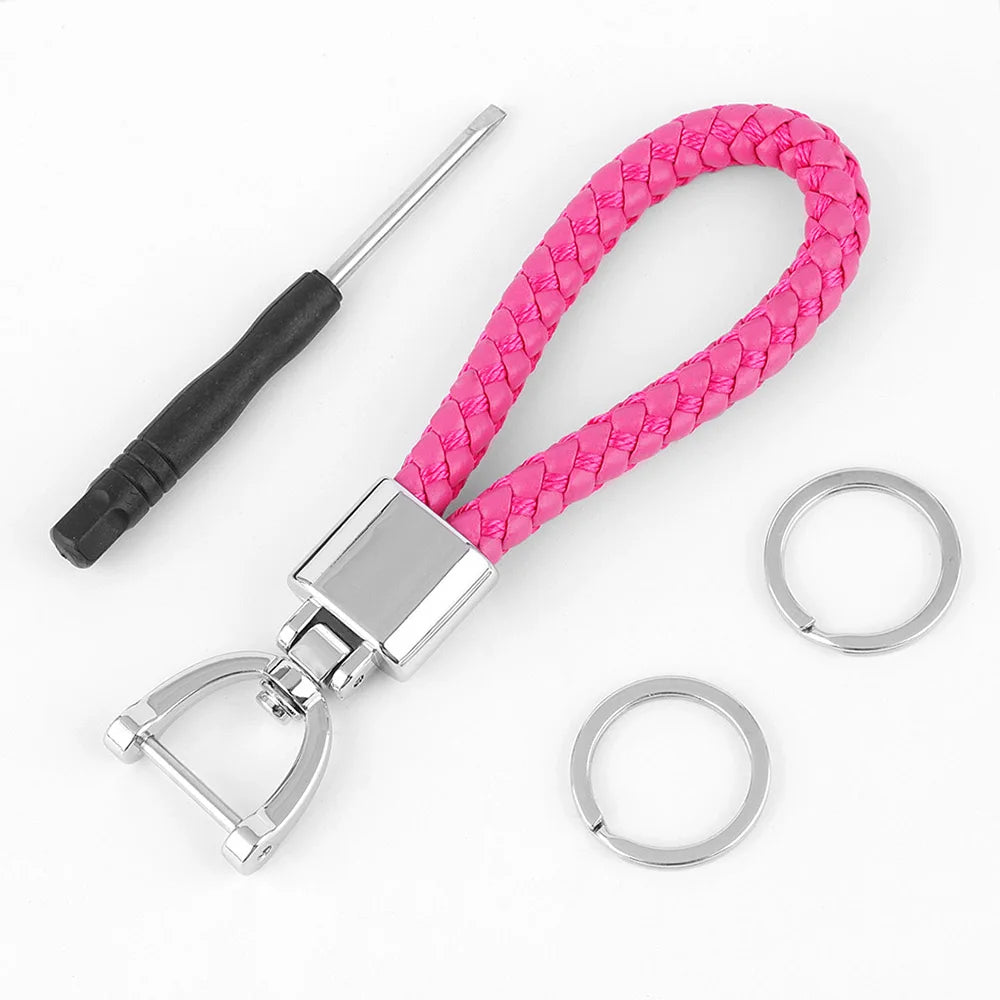 High-Grade Keychain for Men Women Rotatable Key Chain Luxury Hand Woven Leather Horseshoe Buckle Car Key Ring Holder Accessories Pink-S