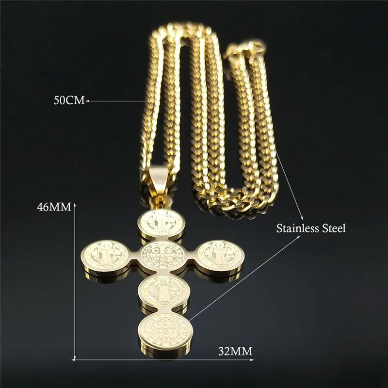 2026 Fashion Stainless Steel Cross Necklace for Women Men Saint Benedict Gold Color Necklaces Jewelry Gifts Collar Cruz N3450S05