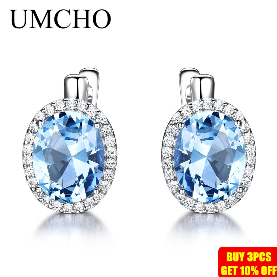 UMCHO Nano Sky Blue Topaz Gemstone Clip Earrings For Women Genuine 925 Sterling Silver Earrings For Women Romantic Fine Jewelry