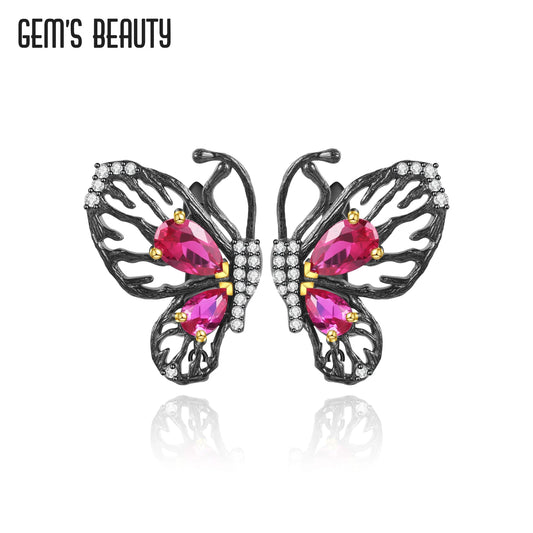 GEM'S BEAUTY 925 Sterling Silver Butterfly Earrings For Women 2021 Pear Cut Lab Created Ruby Handmade Earrings Anniversary Gift CHINA