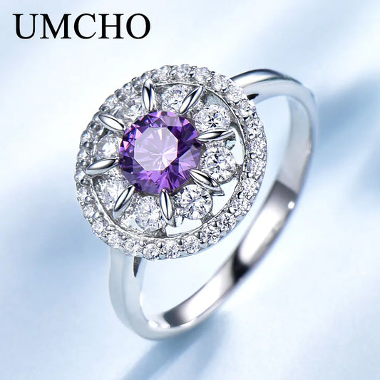 UMCHO S925 Sterling Silver Rings for Women Amethyst Ring Gemstone Aquamarine Cushion Romantic Gift Engagement Jewelry