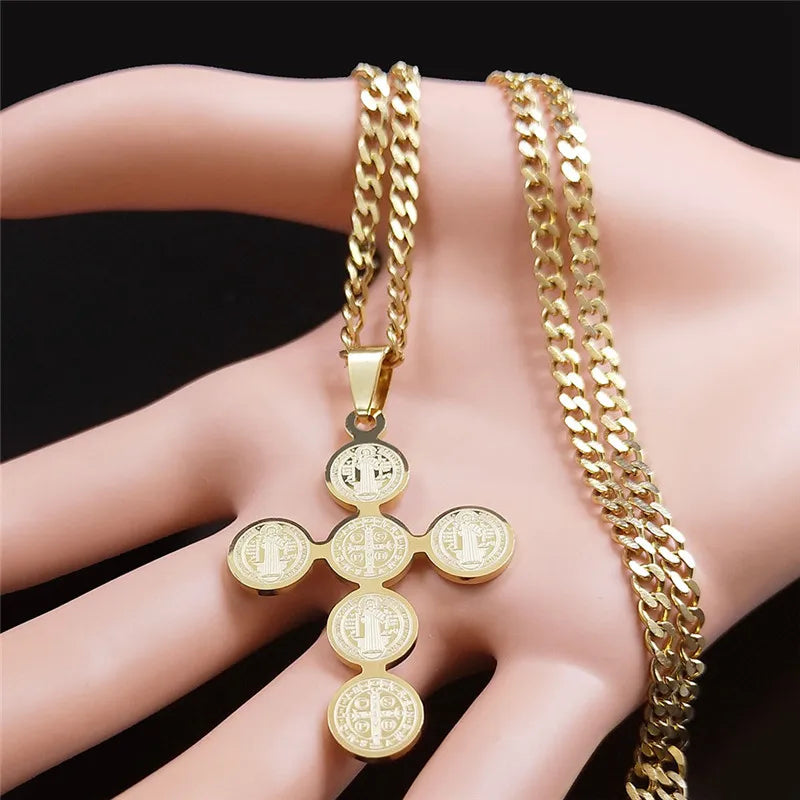 2026 Fashion Stainless Steel Cross Necklace for Women Men Saint Benedict Gold Color Necklaces Jewelry Gifts Collar Cruz N3450S05