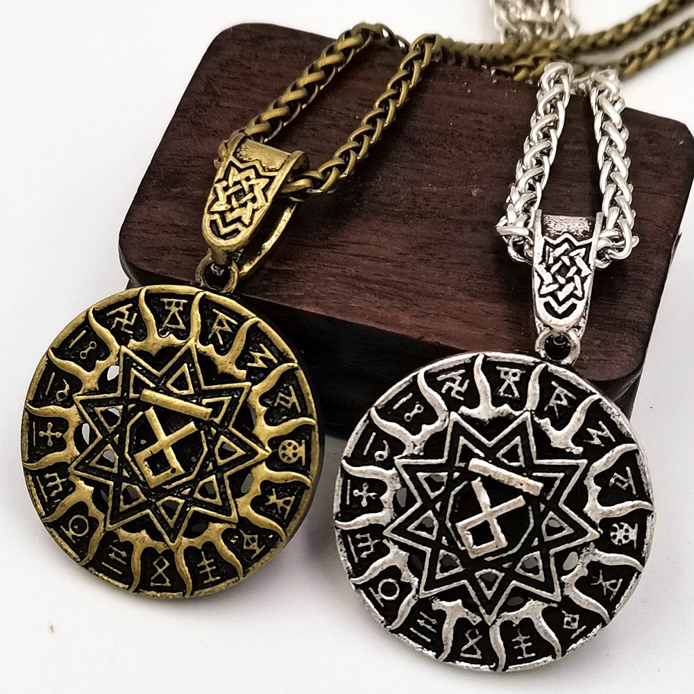 Slavic Kolovrat Wheel Amulet Pagan Pendant Necklace Viking Runes Star Of Russia Pentagram Talisman Vintage Jewelry Necklace