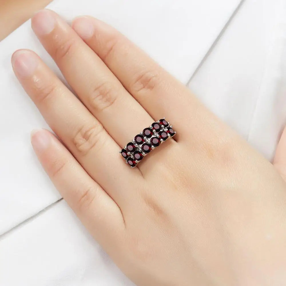 HUTANG 4.2ct Natural Black Garnet Ring for Women 925 Sterling Silver Rings Red Pomegranate Gemstone Fine Jewelry Christmas Gift