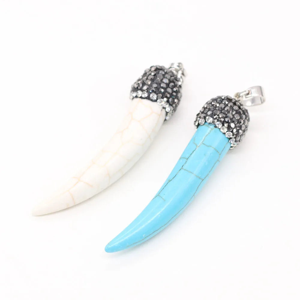 Natural Stone Pendant wolf's tooth shape inlaid with Crystal for Women Jewelry Making Necklace Accessories Reiki Healing Gift