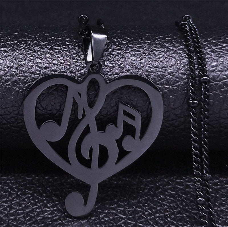 Fashion Music Note Heart of Treble and Bass Clef Stainless Steel Necklace Women/Men Gold Color Necklaces Jewelry colgantes N1147 B 50cm JZP BK