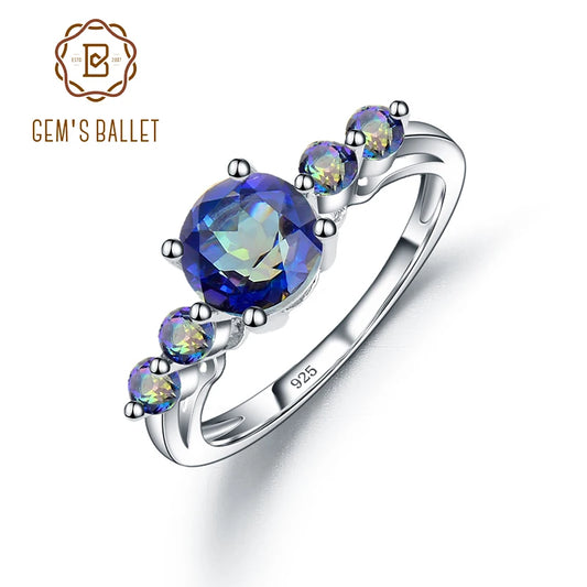 GEM'S BALLET 925 Sterling Silver Ring Natural Mystic Topaz Three Stone Birthstone Wedding Band Rings For Women Fine Jewelry