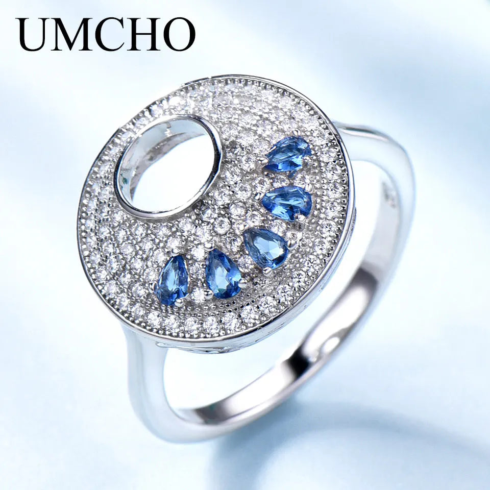 UMCHO Solid 925 Sterling Silver Jewelry Water Drop Created Nano Sapphire Rings For Women Romantic Charming Gift Fine Jewelry