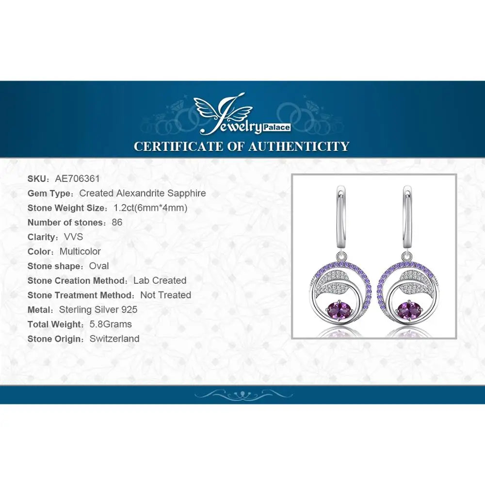 JewelryPalace Leaf 1.2ct Created Alexandrite Sapphire 925 Sterling Silver Drop Earrings for Women Purple Gemstone Jewelry Gift