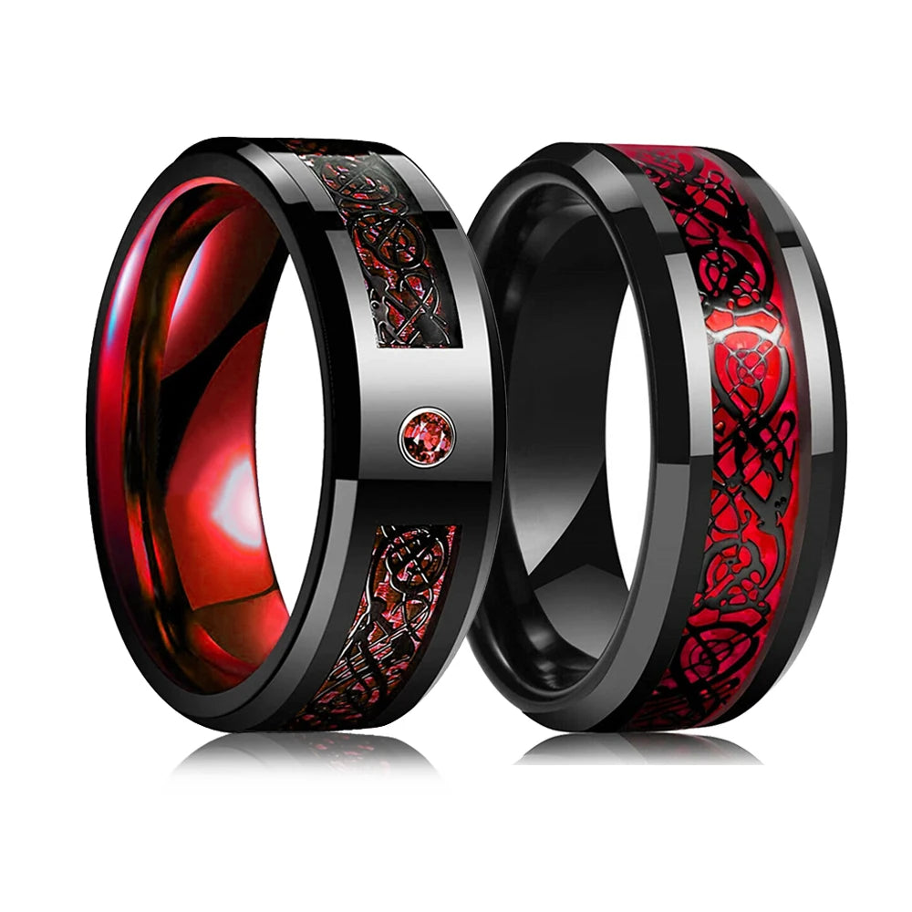 Fashion Black Tungsten Wedding Celtic Dragon Rings For Men Inlaid Green Zircon Punk Men Stainless Steel Green Carbon Fibre Ring