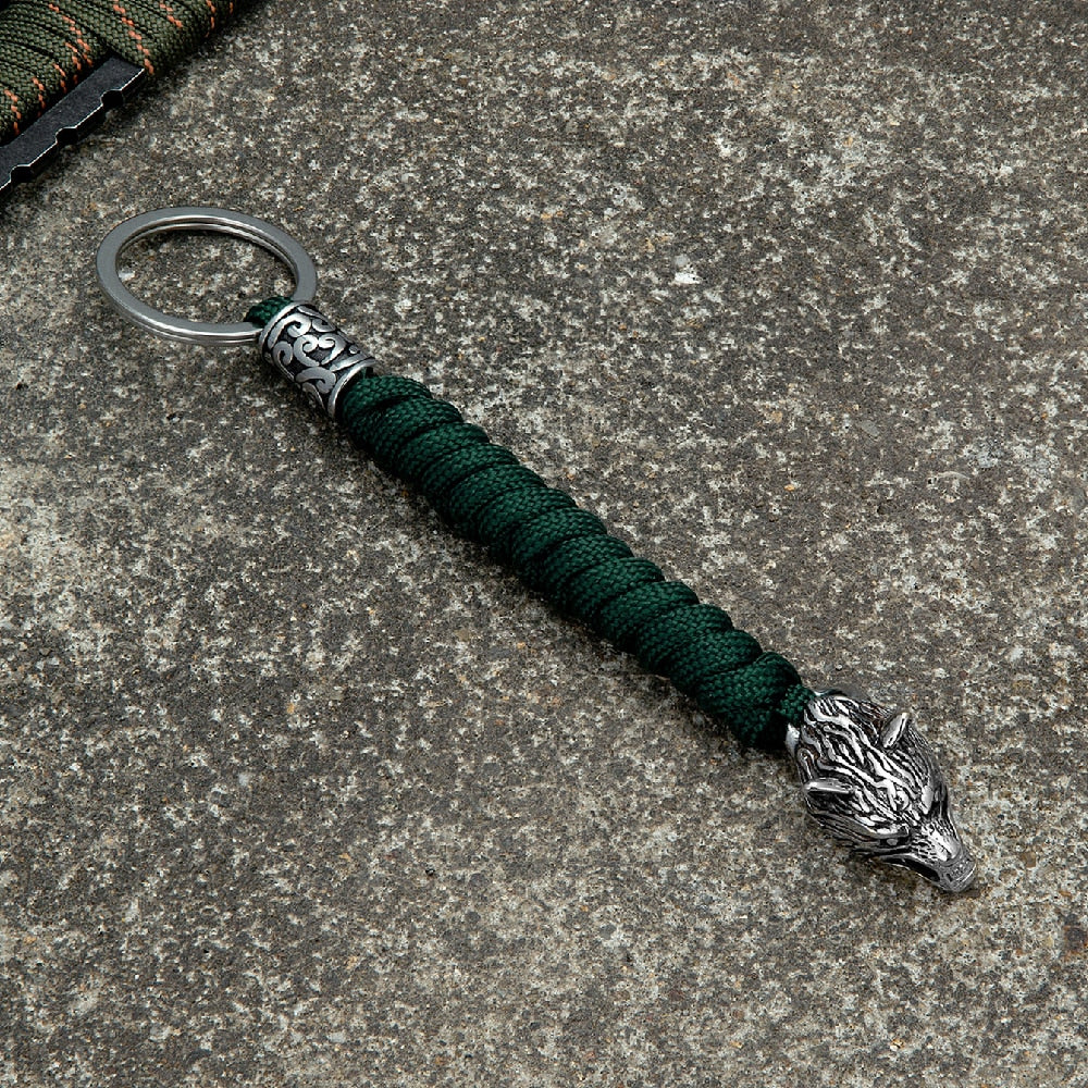 Vintage Wolf Head Keychains Vikings Pendant Stainless Steel Lanyard Rope Survival Keyring Handmade Male Backpack Key Ring Steel Green