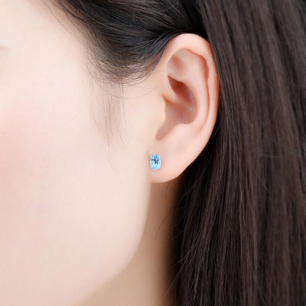 Hutang Oval 6x4 Genuine Blue Topaz 925 Silver Stud Earrings Solid 925 Sterling Silver Fine Elegant Gemstone Jewelry for Women