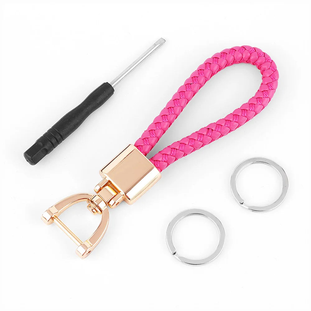 High-Grade Keychain for Men Women Rotatable Key Chain Luxury Hand Woven Leather Horseshoe Buckle Car Key Ring Holder Accessories Pink-G