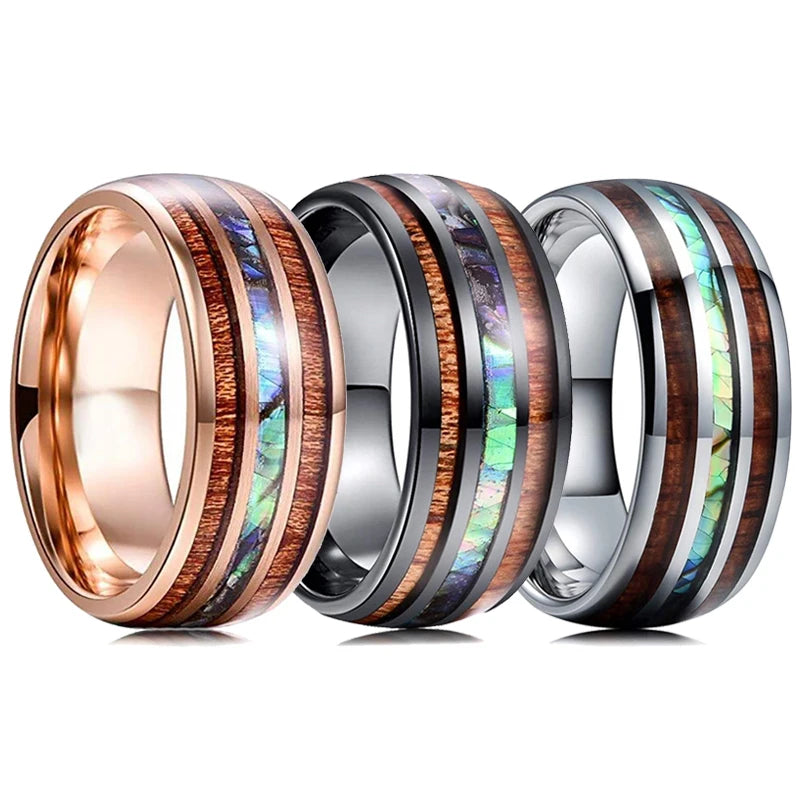 8mm Men's Rose Gold Color Stainless Steel Rings Hawaiian Koa Wood And Abalone Shell Opal Inlay Ring Men's Wedding Band Jewelry