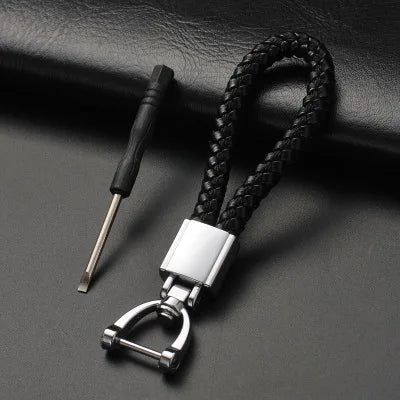 High-Grade Keychain for Men Women Rotatable Key Chain Luxury Hand Woven Leather Horseshoe Buckle Car Key Ring Holder Accessories Square Silver