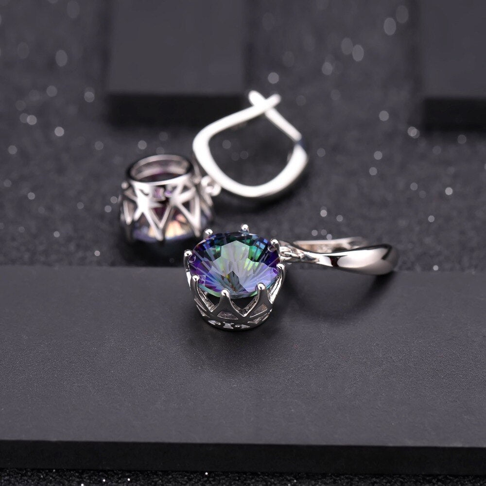 GEM&#39;S BALLET Natural Rainbow Mystic Quartz Gemstone Set 925 Sterling Silver Ring Earrings Jewelry Set For Women Wedding Jewelry