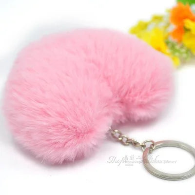 Fluffy pompom Keychain Gifts for Women Soft Heart Shape Pompon Fake Rabbit Key Chain Ball Car Bag Accessories Key Ring HJ-5