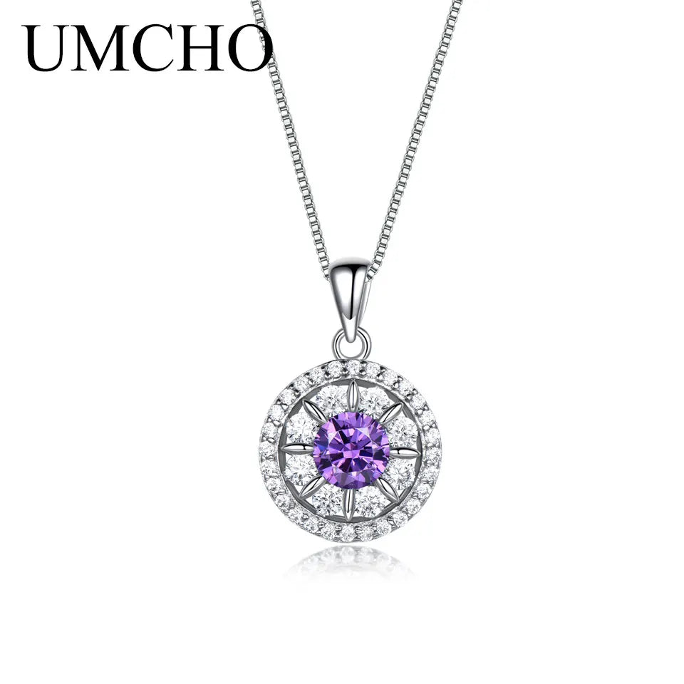 UMCHO Solid 925 Sterling Silver Amethyst Pendant Necklace Gemstone For Girl Gift Women for Fine Jewelry NUJ019A-1 45cm