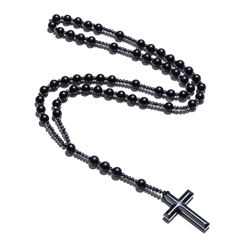 Matte Black Onyx Beaded Catholic Christian Rosary Necklace Cross Pendant Men and Women Meditation Mala Jewelry