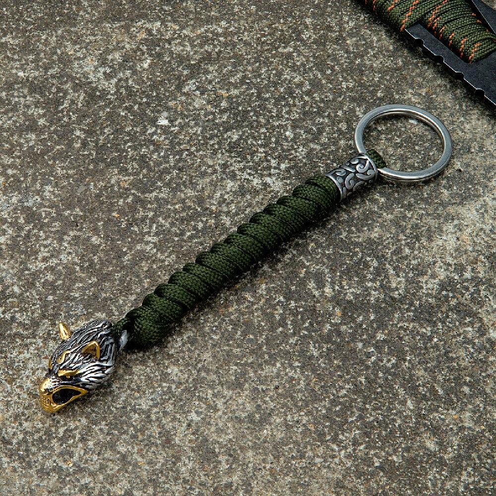 Vintage Wolf Head Keychains Vikings Pendant Stainless Steel Lanyard Rope Survival Keyring Handmade Male Backpack Key Ring Gold ArmyGreen