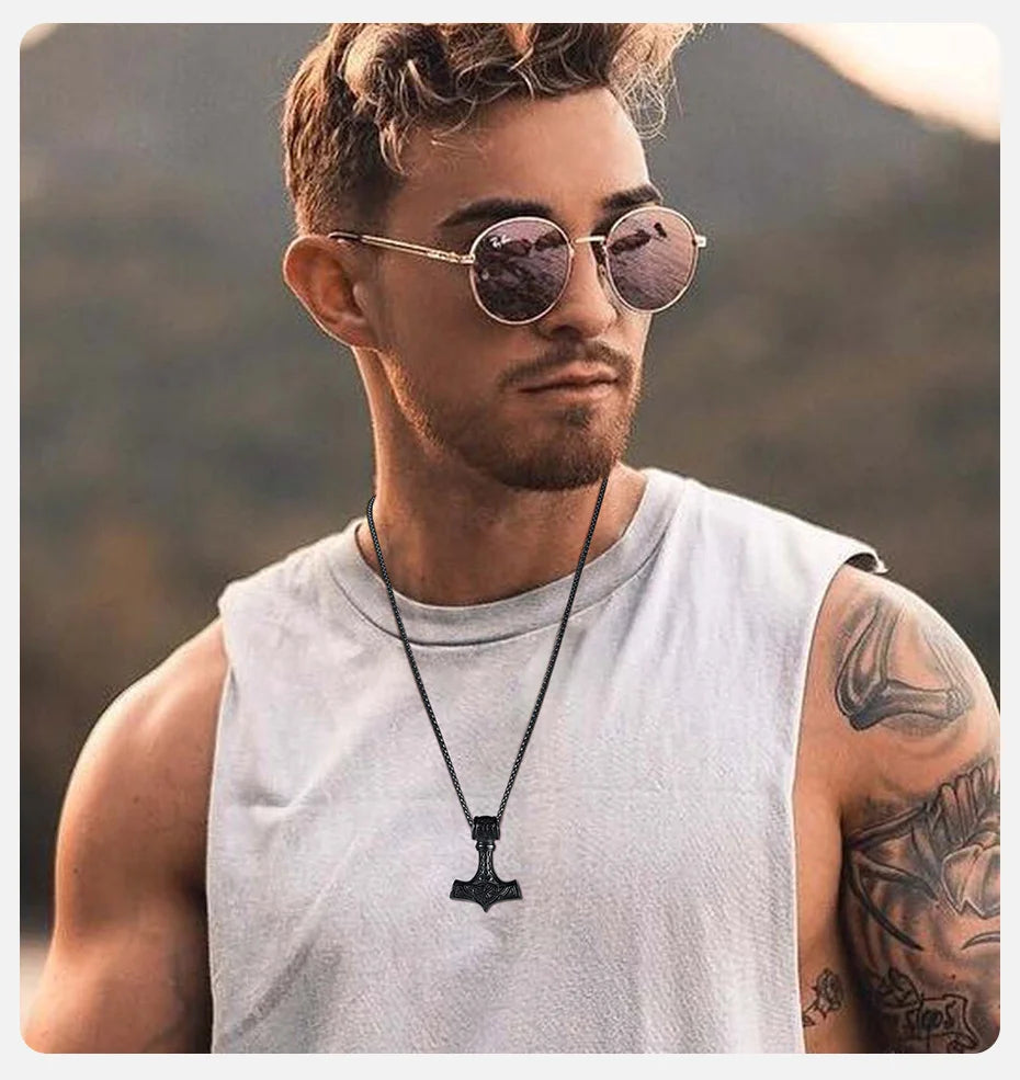 Vnox Vintage Men Norse Viking Necklaces,Rock Punk Retro Thor Mjolnir Hammer Pendant,Scandinavian Nodic Amulet Rune Neck Jewelry