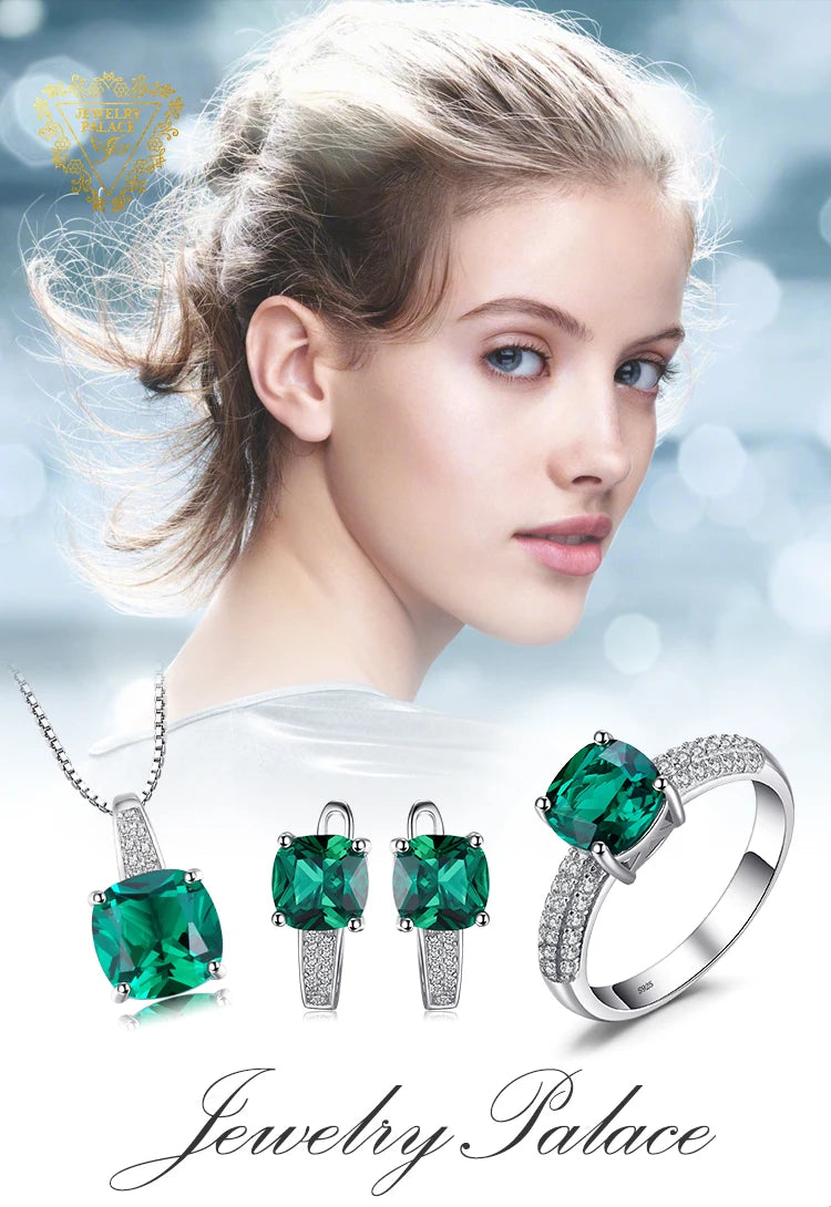 JewelryPalace Green Simulated Nano Emerald Created Ruby Ring 925 Sterling Silver Gemstone Solitaire Engagement Rings for Women