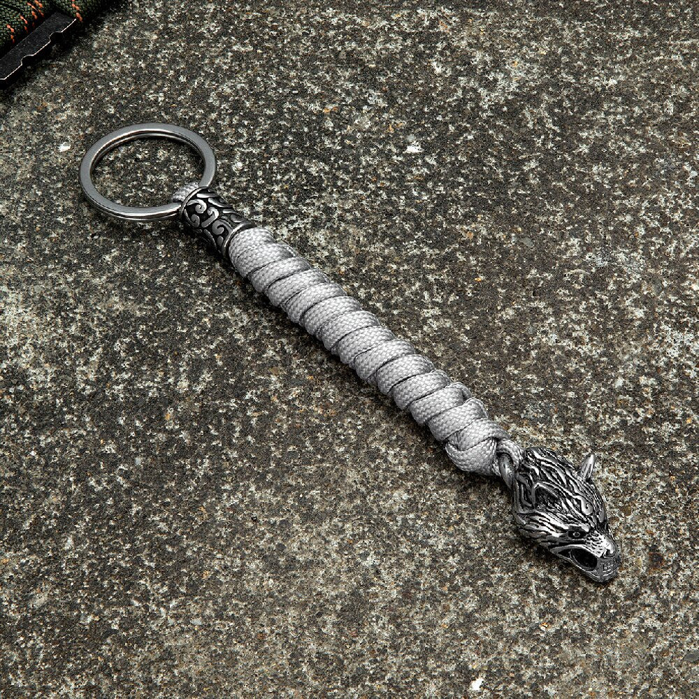 Vintage Wolf Head Keychains Vikings Pendant Stainless Steel Lanyard Rope Survival Keyring Handmade Male Backpack Key Ring Steel Gray