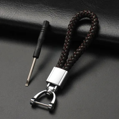 High-Grade Keychain for Men Women Rotatable Key Chain Luxury Hand Woven Leather Horseshoe Buckle Car Key Ring Holder Accessories Square Silver-Coffee