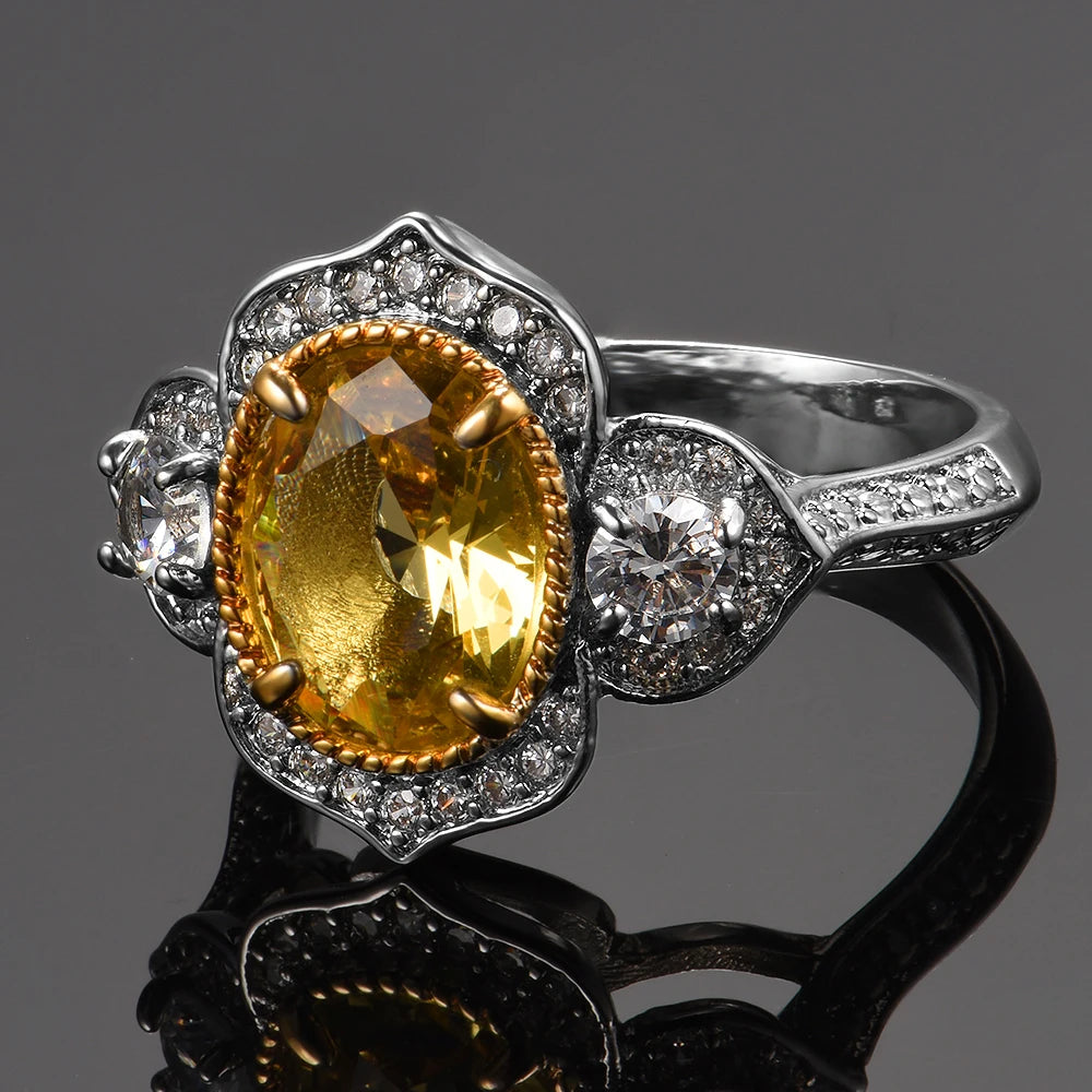 Romantic Yellow Citrine Created Gemstone 925 Sterling Sliver Ring For Women Girls Party Wedding Engagement Gift Wholesale