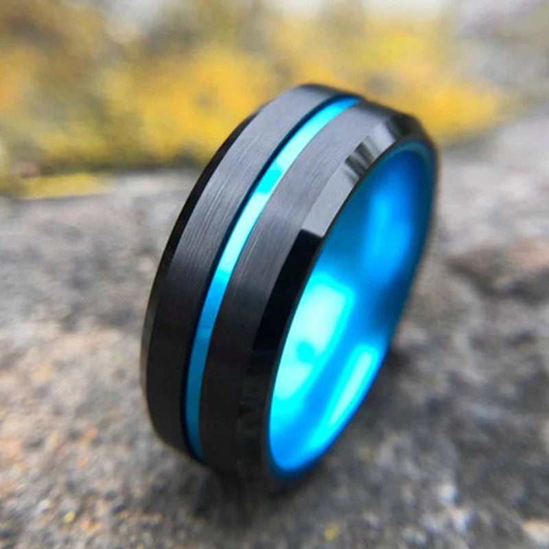 Fashion 8MM Men's Stainless Steel Rings Blue Red Colorful Groove Beveled Edge Wedding Engagement Ring Men's Anniversary Jewelry