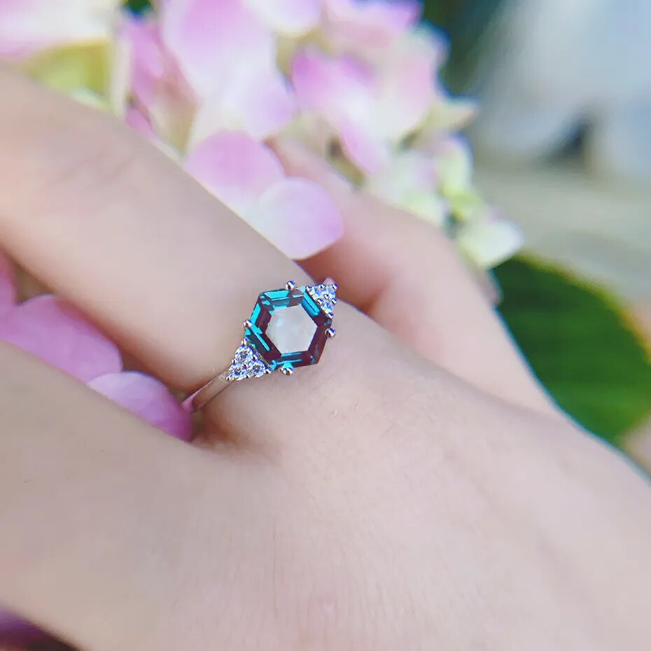 Kuololit Hexagon Lab Grown Alexandrite Gemstone Solid 925 Sterling Silver Rings for Women Luxury Jewelry Wedding Engagement Gift