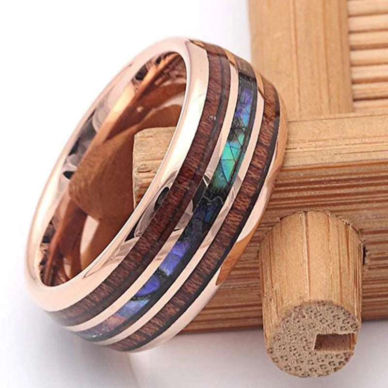 2025 Trendy 8mm Black Titanium Wedding Stainless Steel Rings For Men Inlay Colorful Abalone Shell Ring Men Wedding Band Jewelry